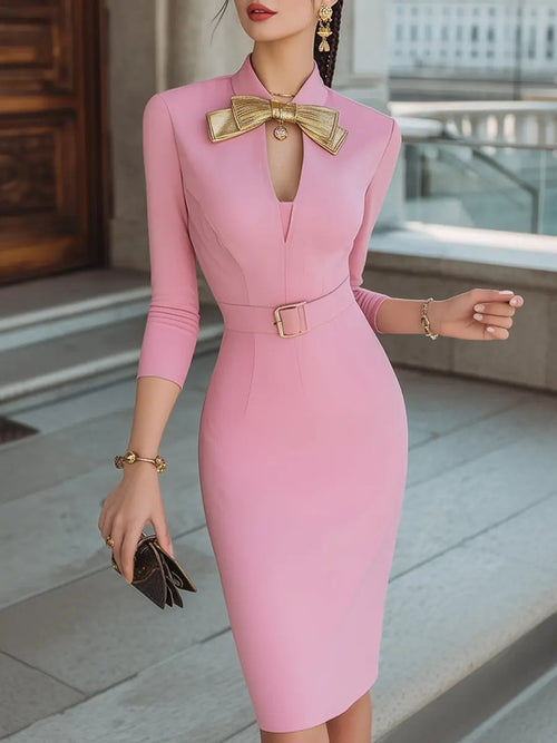 Elegant Bow Collar Pencil Silhouette - Midi Dress CAAYWORLD