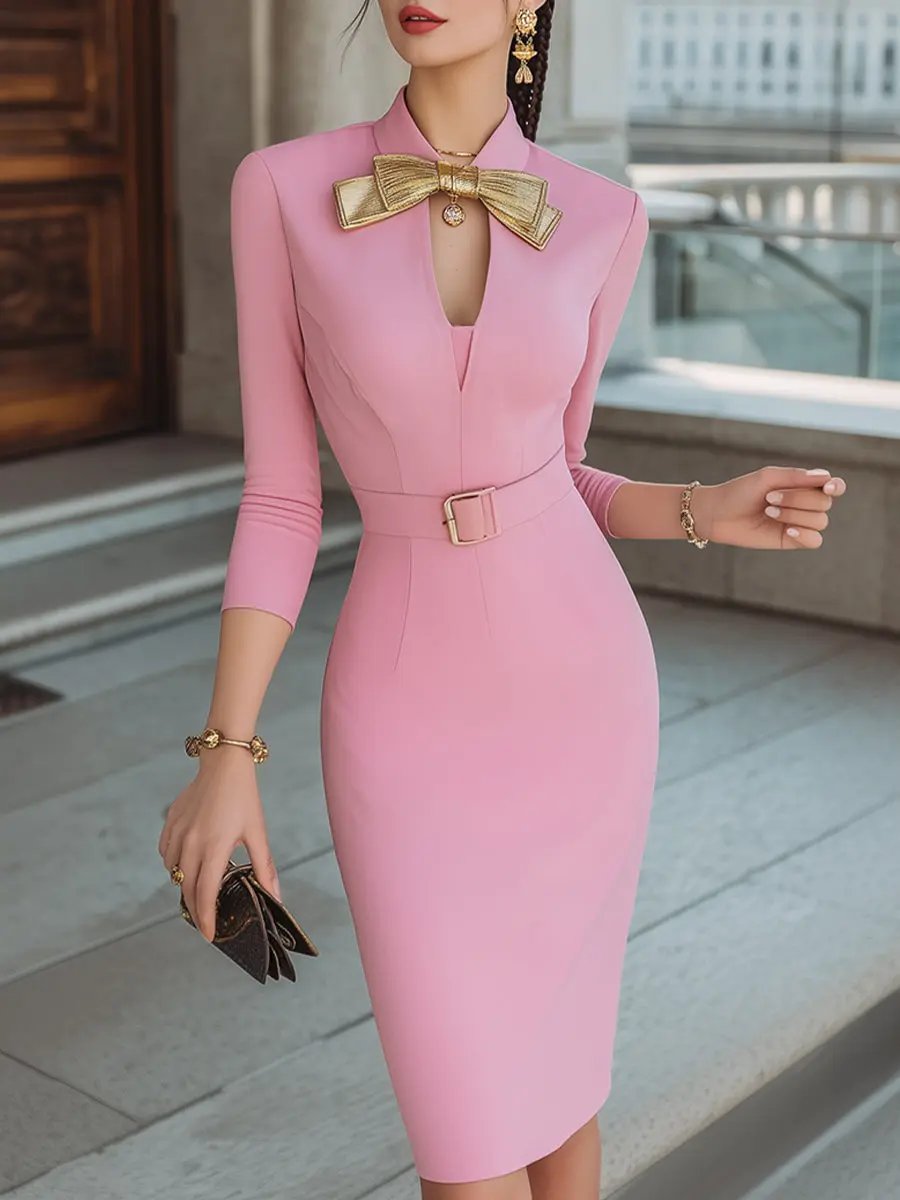 Elegant Bow Collar Pencil Silhouette - Midi Dress CAAYWORLD