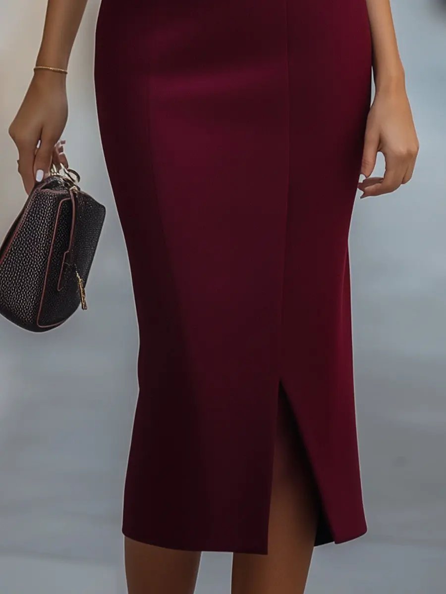 Elegant Burgundy Sleeveless Asymmetric Button Detail - Midi Dress CAAYWORLD