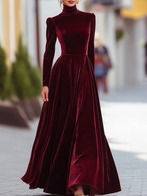 Elegant Burgundy Velvet Long-Sleeve Evening - Maxi Dress CAAYWORLD