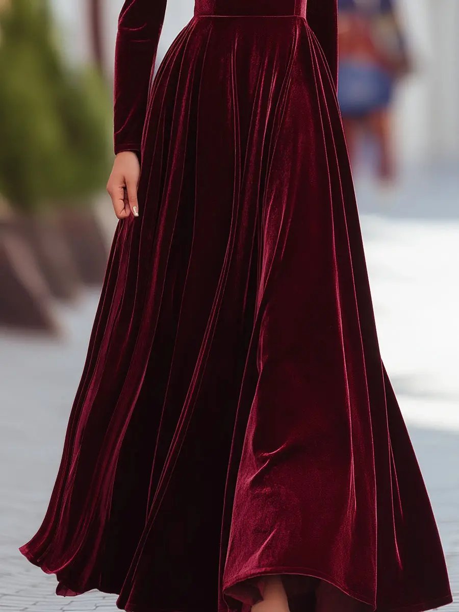 Elegant Burgundy Velvet Long-Sleeve Evening - Maxi Dress CAAYWORLD