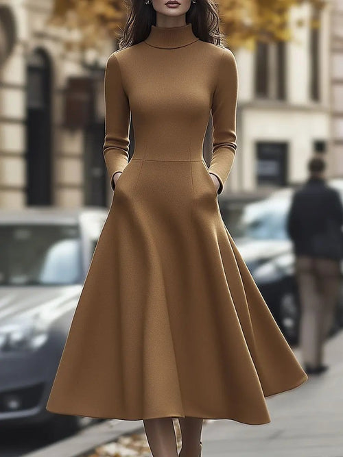 Elegant Camel High-Neck A-Line - Midi Dress CAAYWORLD