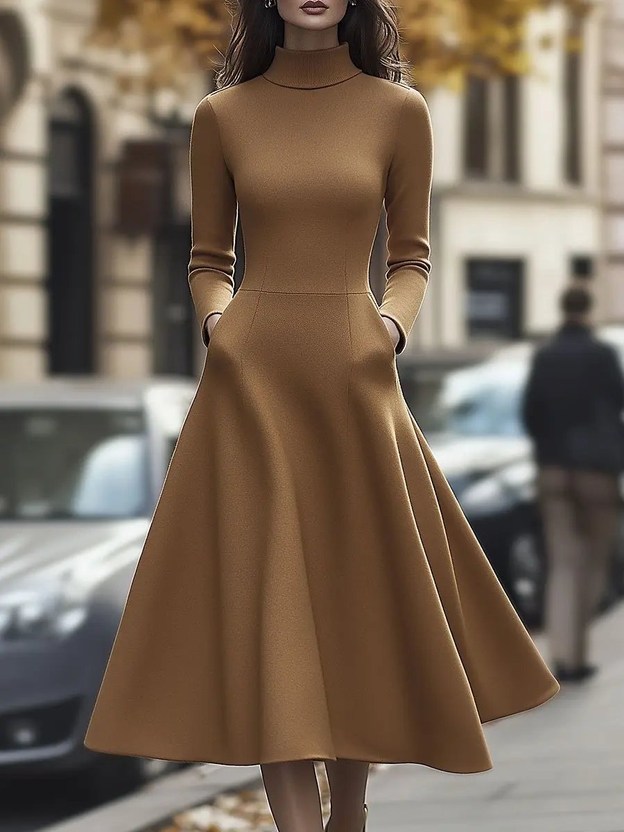Elegant Camel High-Neck A-Line - Midi Dress CAAYWORLD