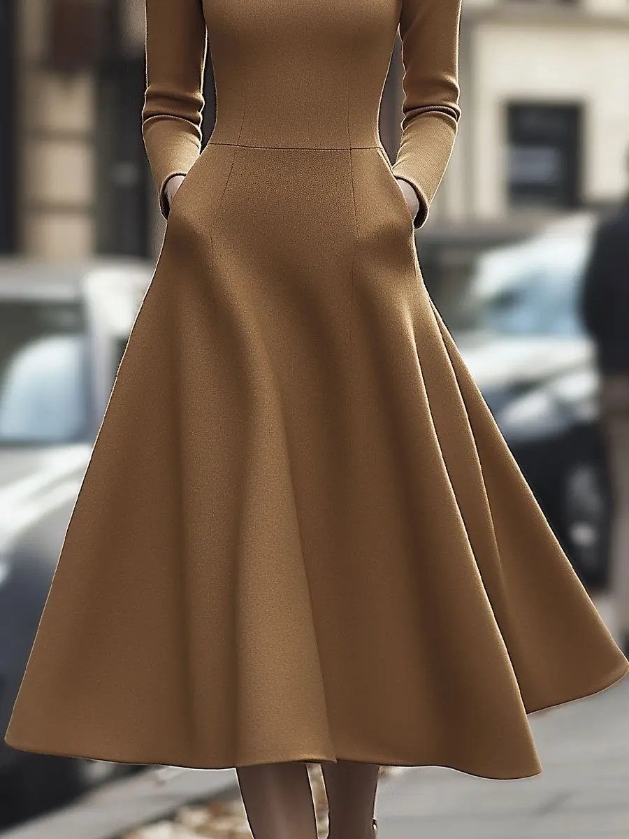 Elegant Camel High-Neck A-Line - Midi Dress CAAYWORLD