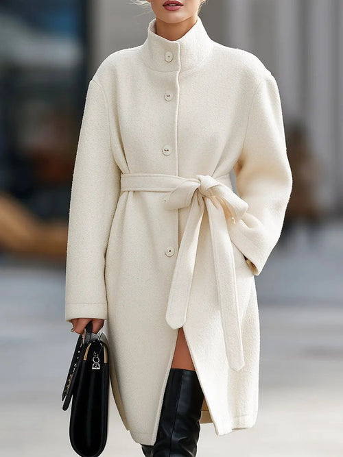 Elegant Cream Belted Wool - Wool Coat CAAYWORLD