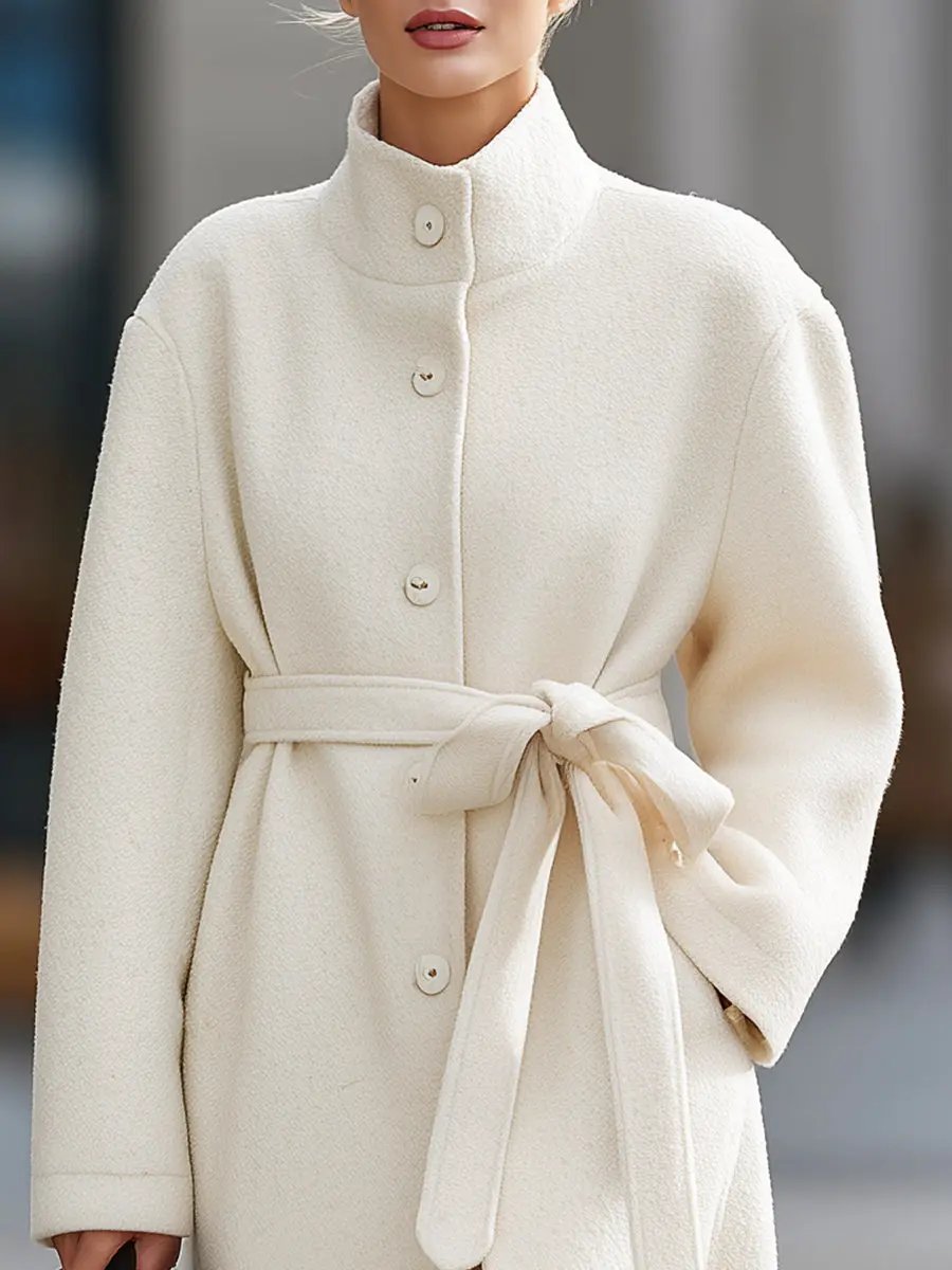 Elegant Cream Belted Wool - Wool Coat CAAYWORLD