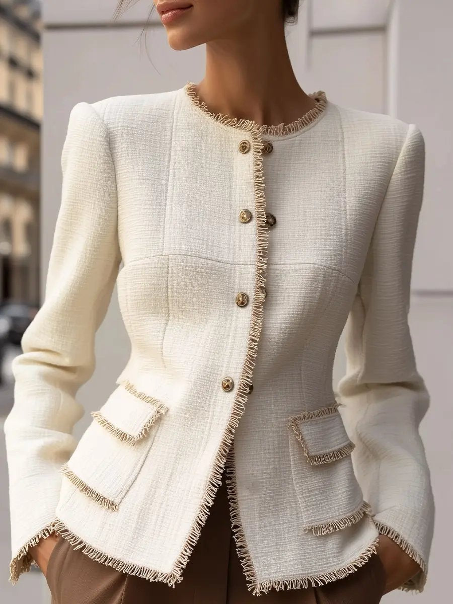 Elegant Cream Textured Tailored Blazer with Decorative Trim - Women's Blazer CAAYWORLD