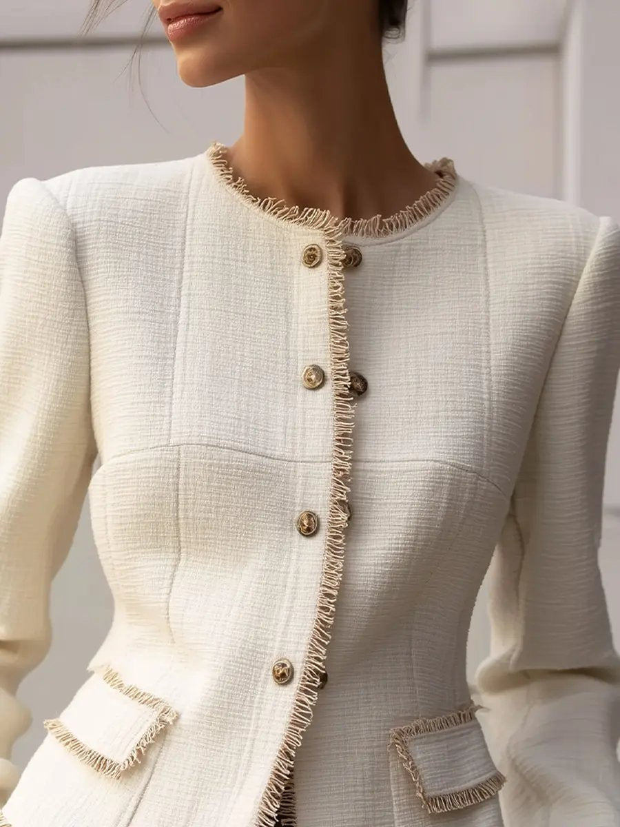 Elegant Cream Textured Tailored Blazer with Decorative Trim - Women's Blazer CAAYWORLD