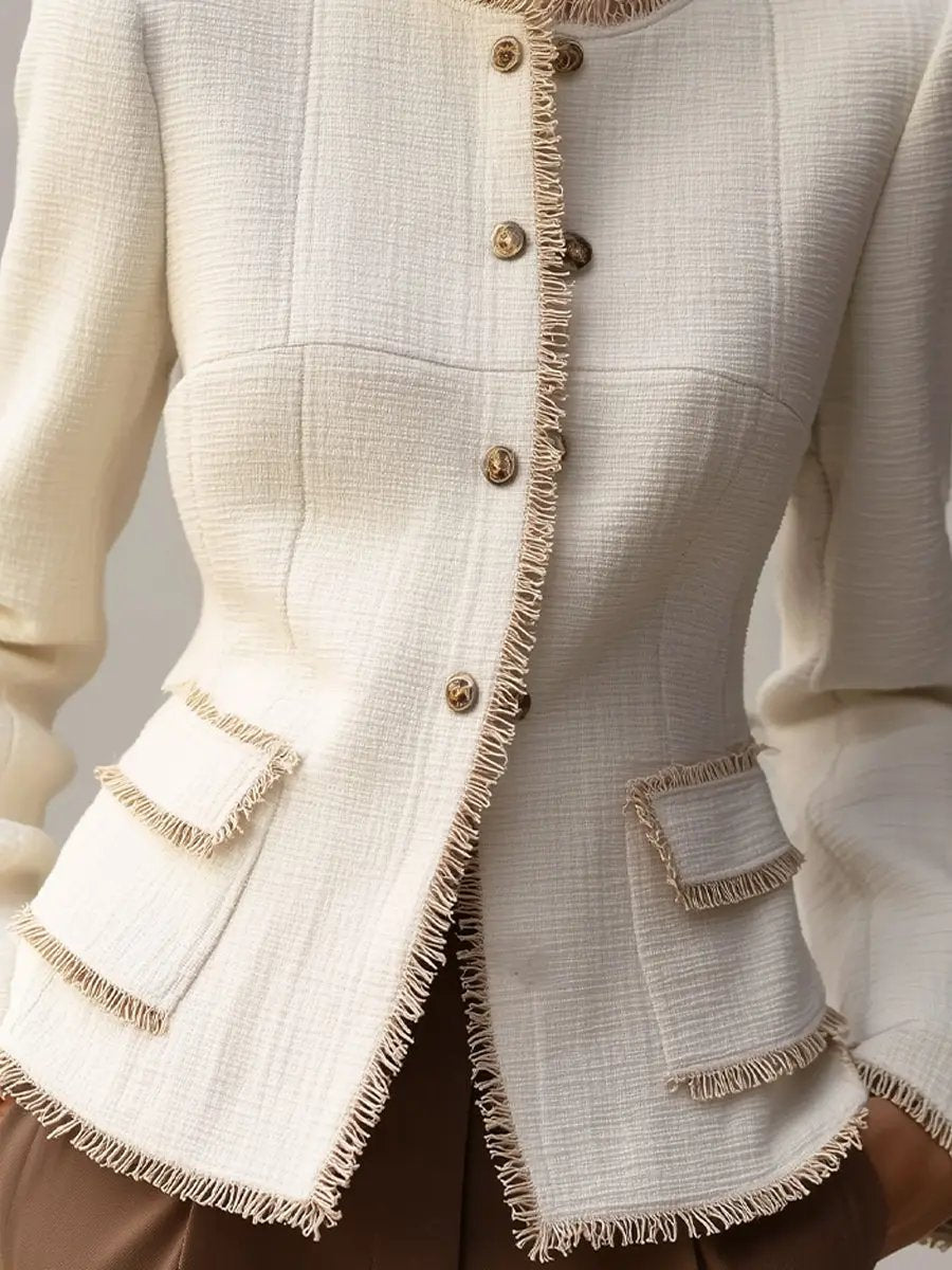 Elegant Cream Textured Tailored Blazer with Decorative Trim - Women's Blazer CAAYWORLD