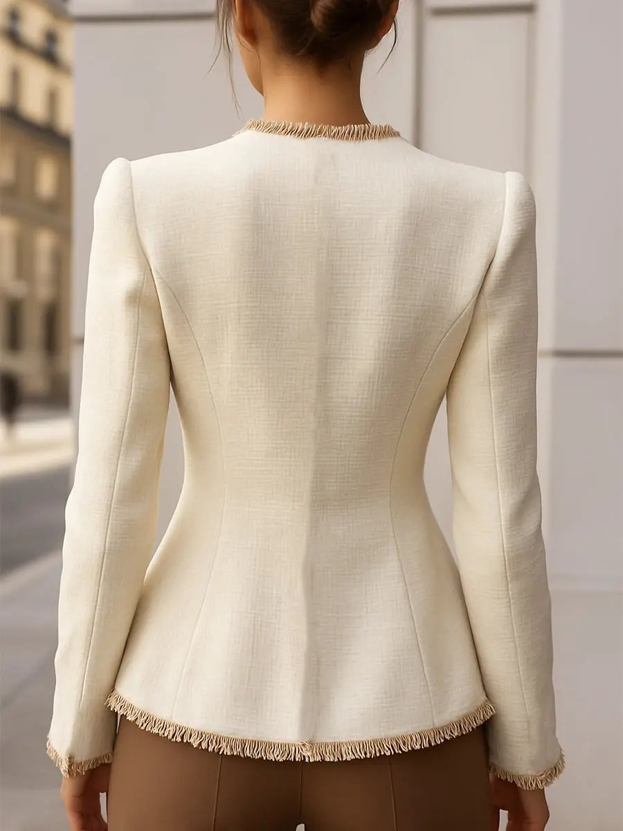 Elegant Cream Textured Tailored Blazer with Decorative Trim - Women's Blazer CAAYWORLD