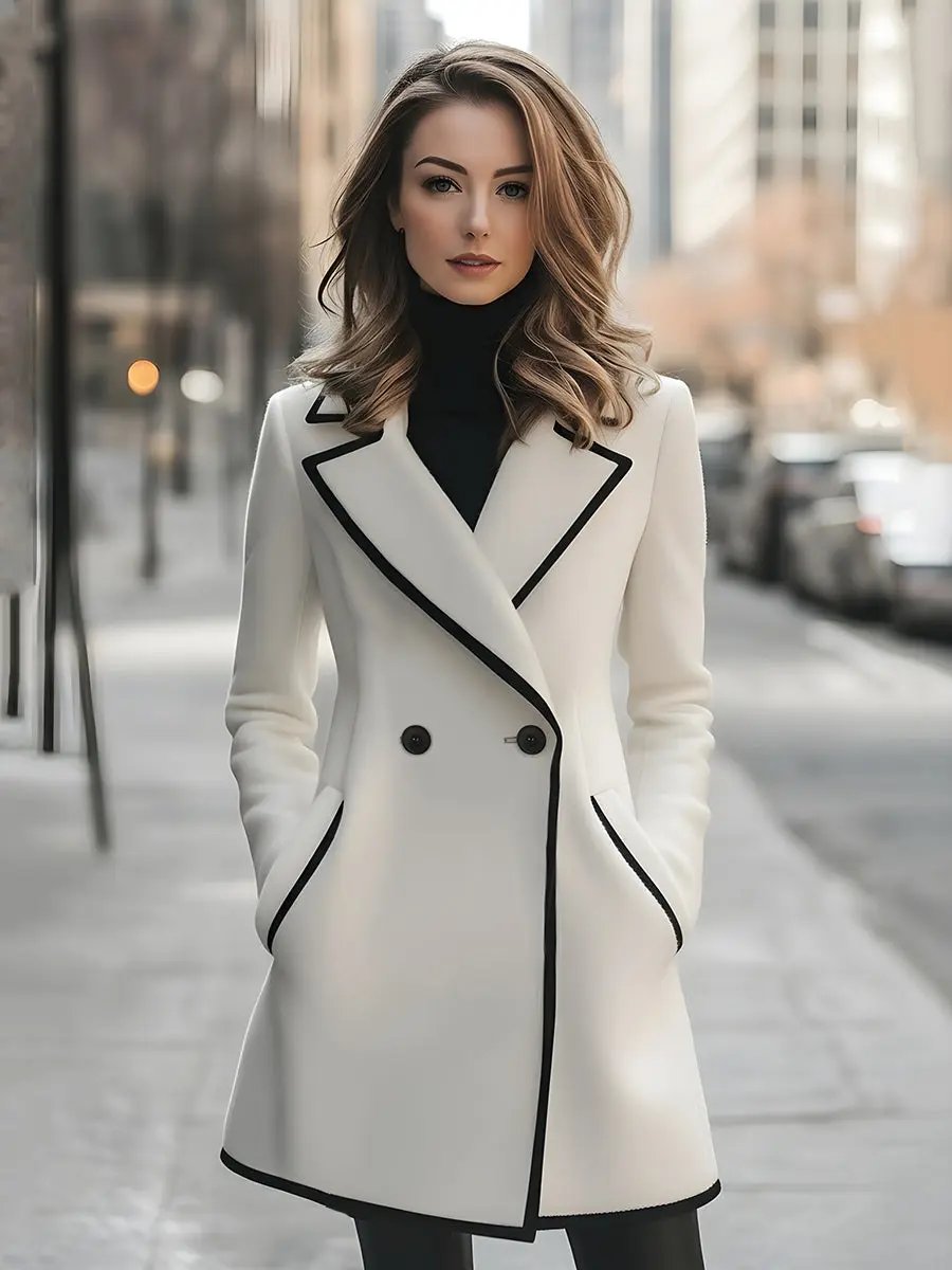Elegant Double-Breasted Coat with Black Piping - Women's Coat CAAYWORLD