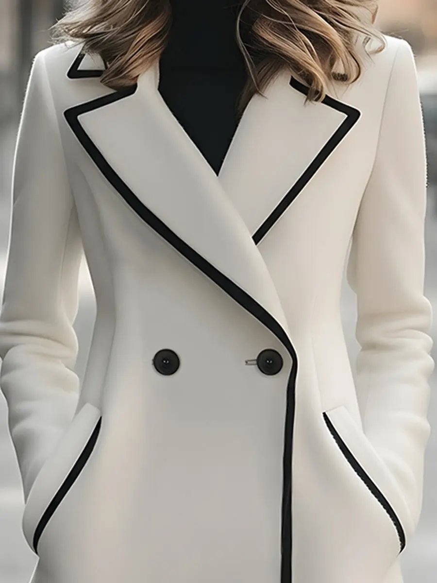 Elegant Double-Breasted Coat with Black Piping - Women's Coat CAAYWORLD
