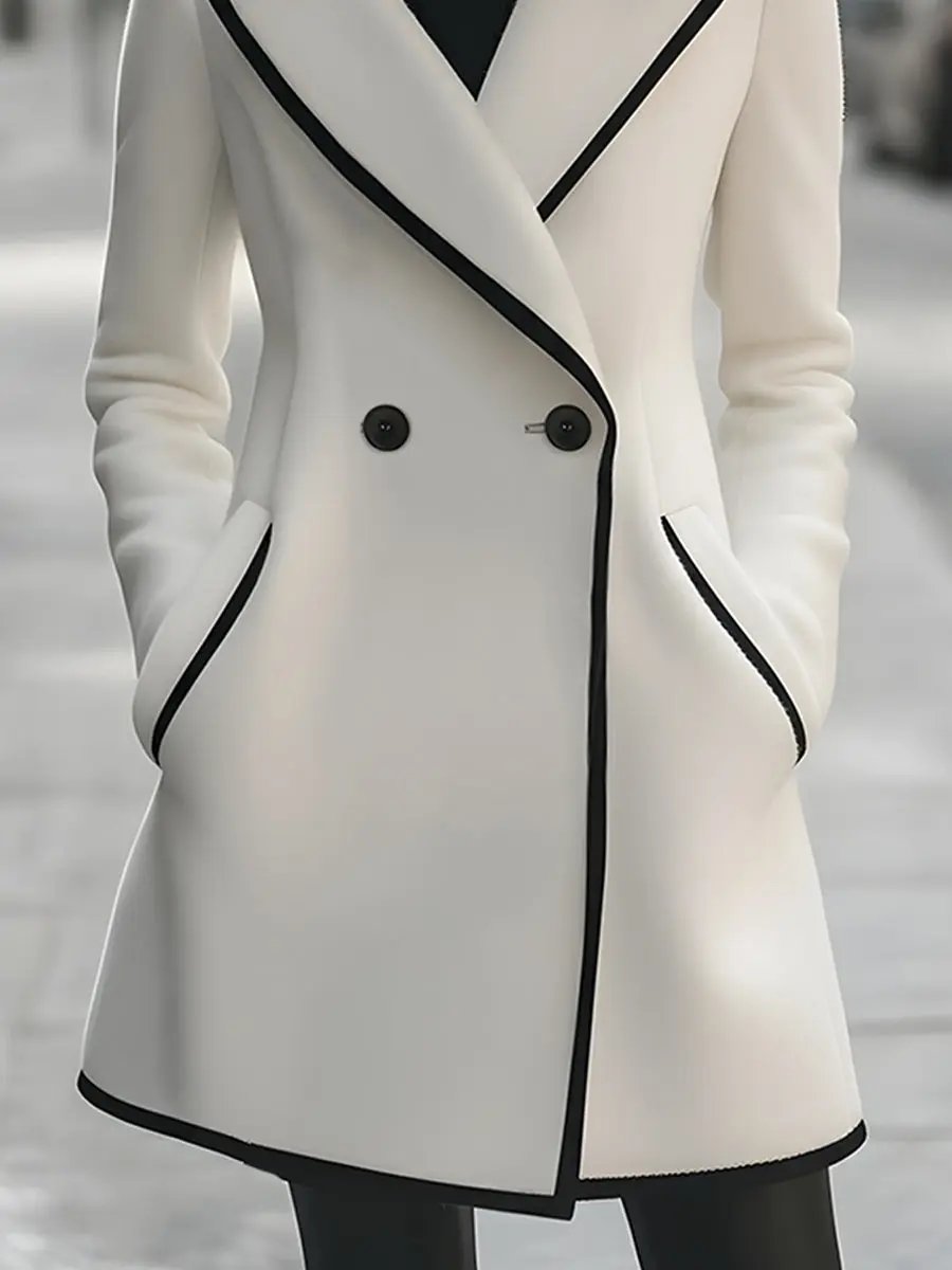 Elegant Double-Breasted Coat with Black Piping - Women's Coat CAAYWORLD