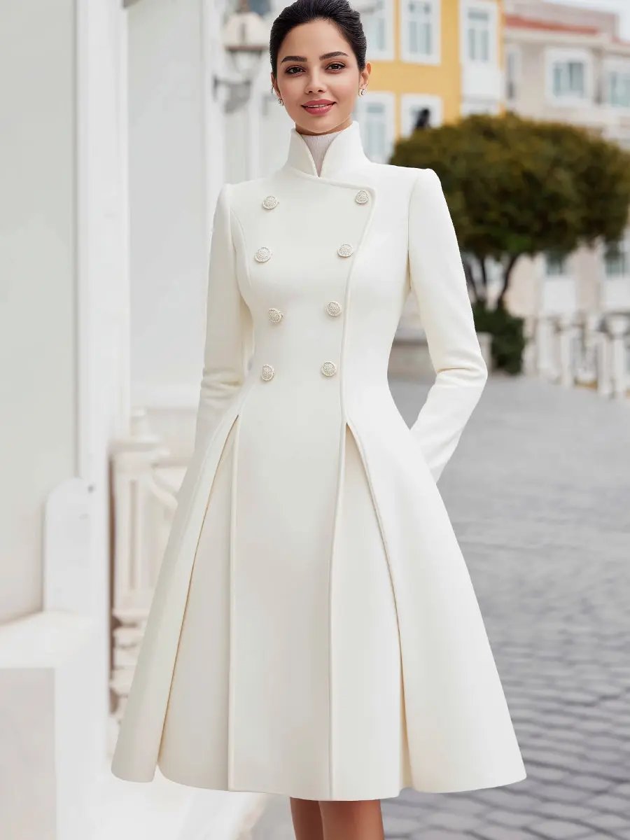 Elegant Double-Breasted Flared A-Line Women's Coat Dress - Coat Dress CAAYWORLD