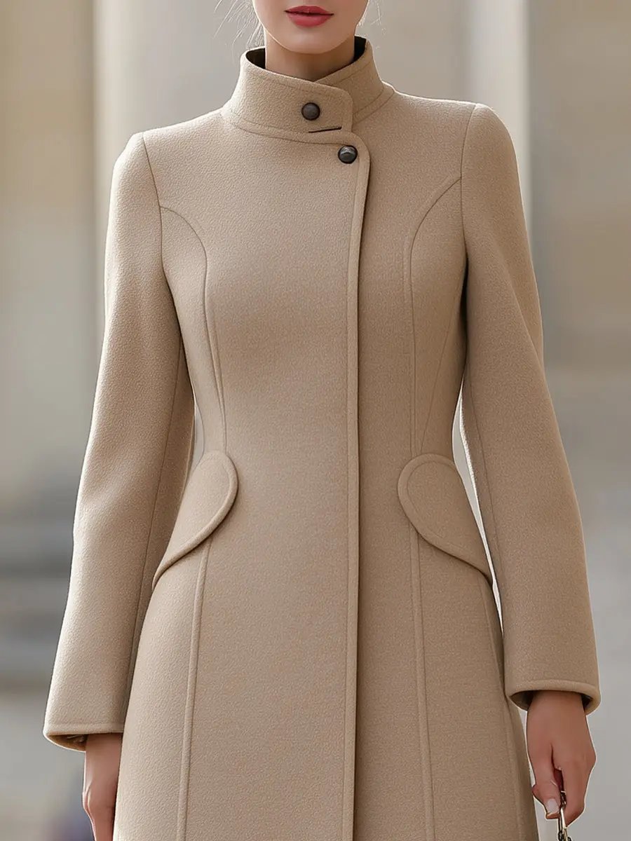 Elegant Fitted Beige Wool Coat With Classic Feminine Cut - Wool Coat CAAYWORLD