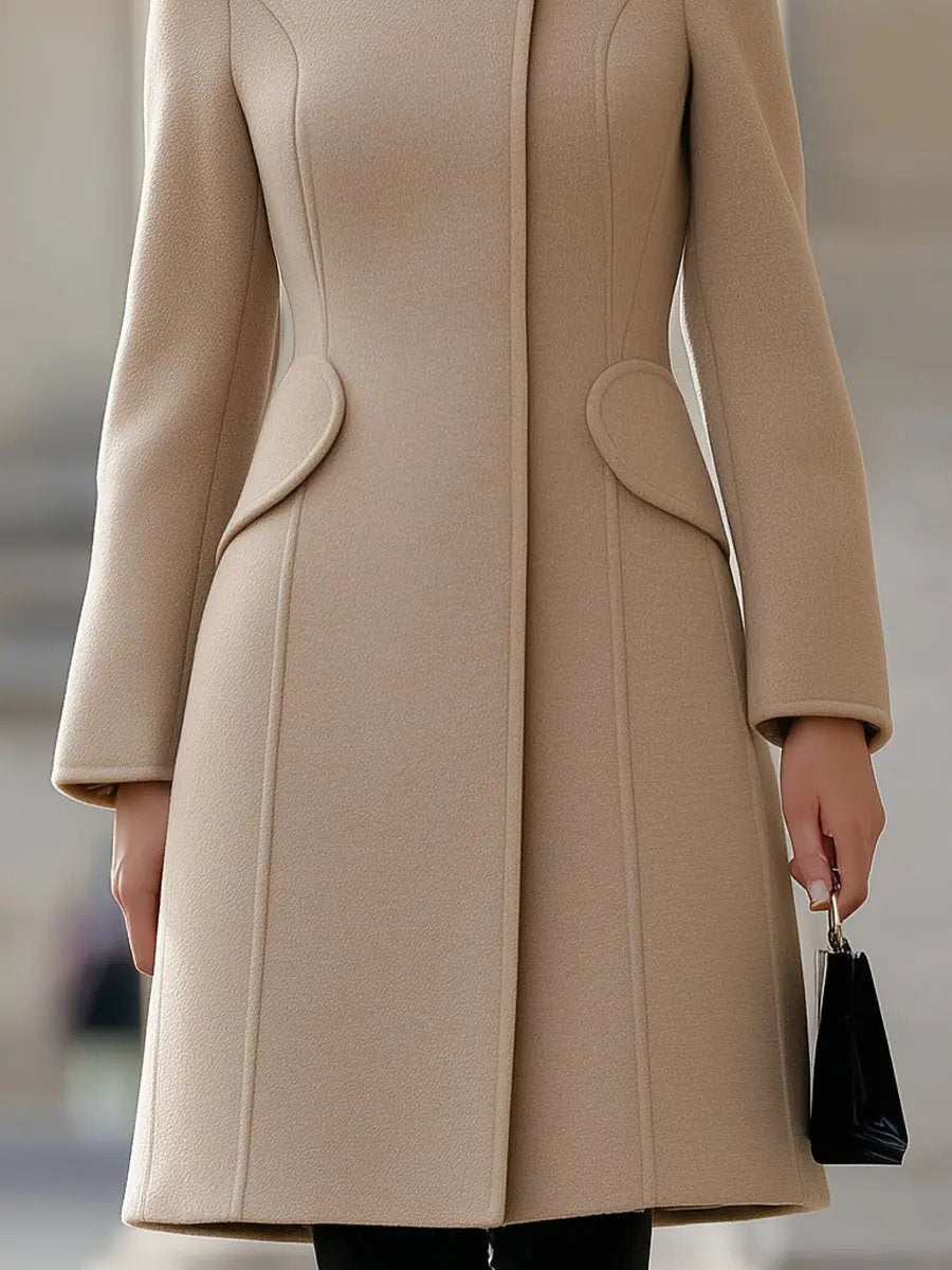 Elegant Fitted Beige Wool Coat With Classic Feminine Cut - Wool Coat CAAYWORLD