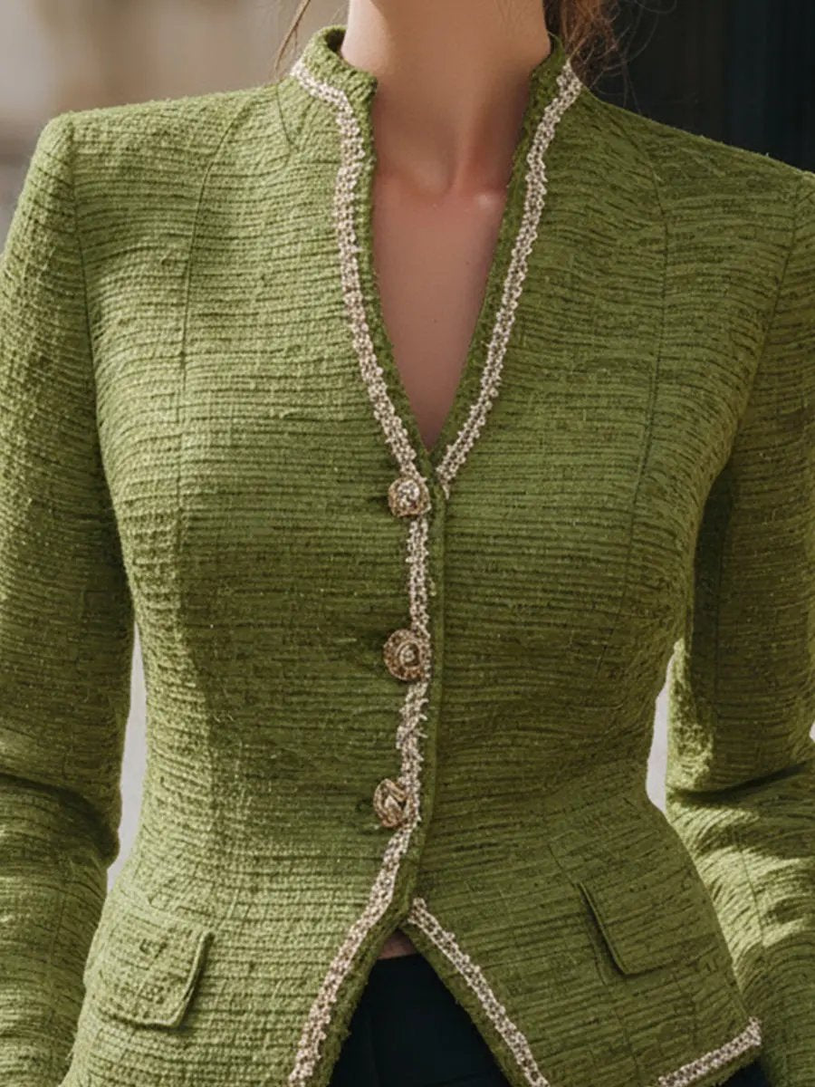 Elegant Green Tweed Pearl-Trim Jacket - Jacket CAAYWORLD