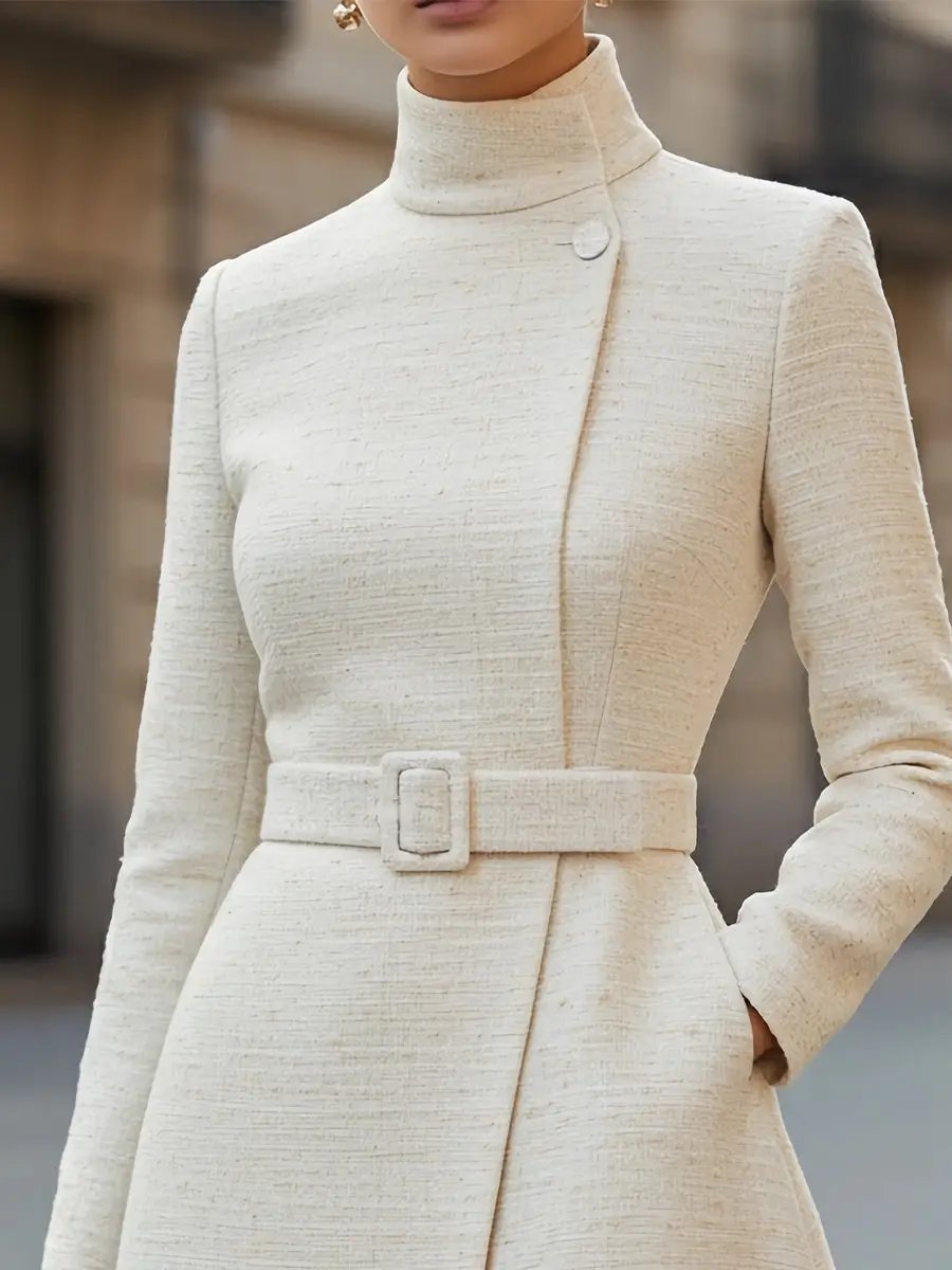 Elegant High-Neck Belted Wool-Blend - Midi Dress CAAYWORLD