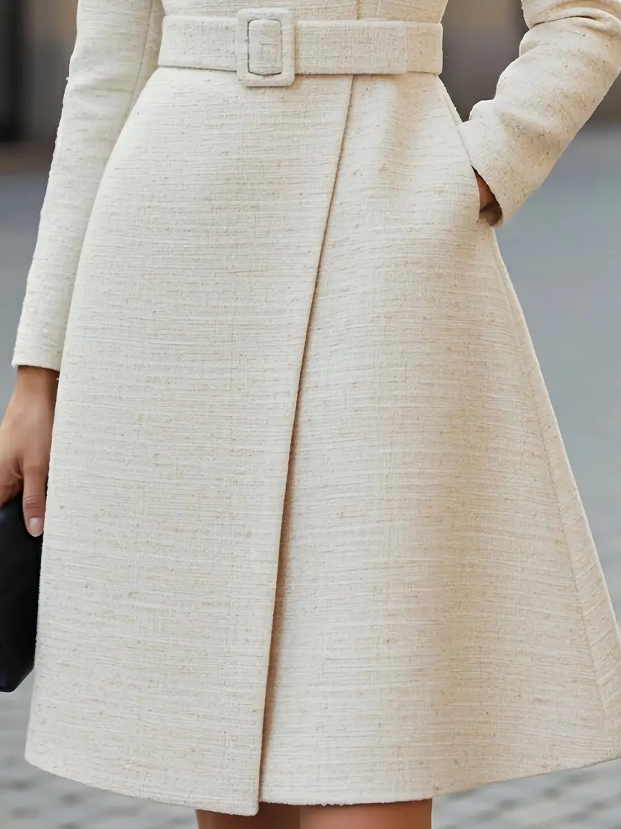 Elegant High-Neck Belted Wool-Blend - Midi Dress CAAYWORLD