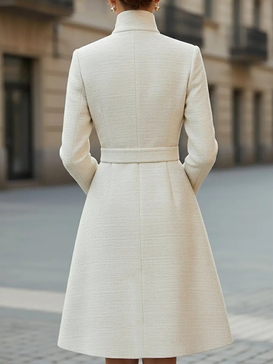 Elegant High-Neck Belted Wool-Blend - Midi Dress CAAYWORLD