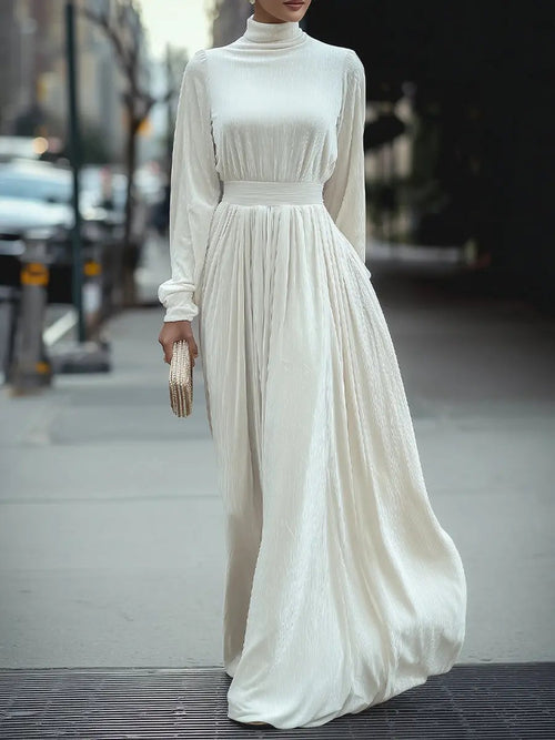 Elegant High-Neck Pleated White - Maxi Dress CAAYWORLD