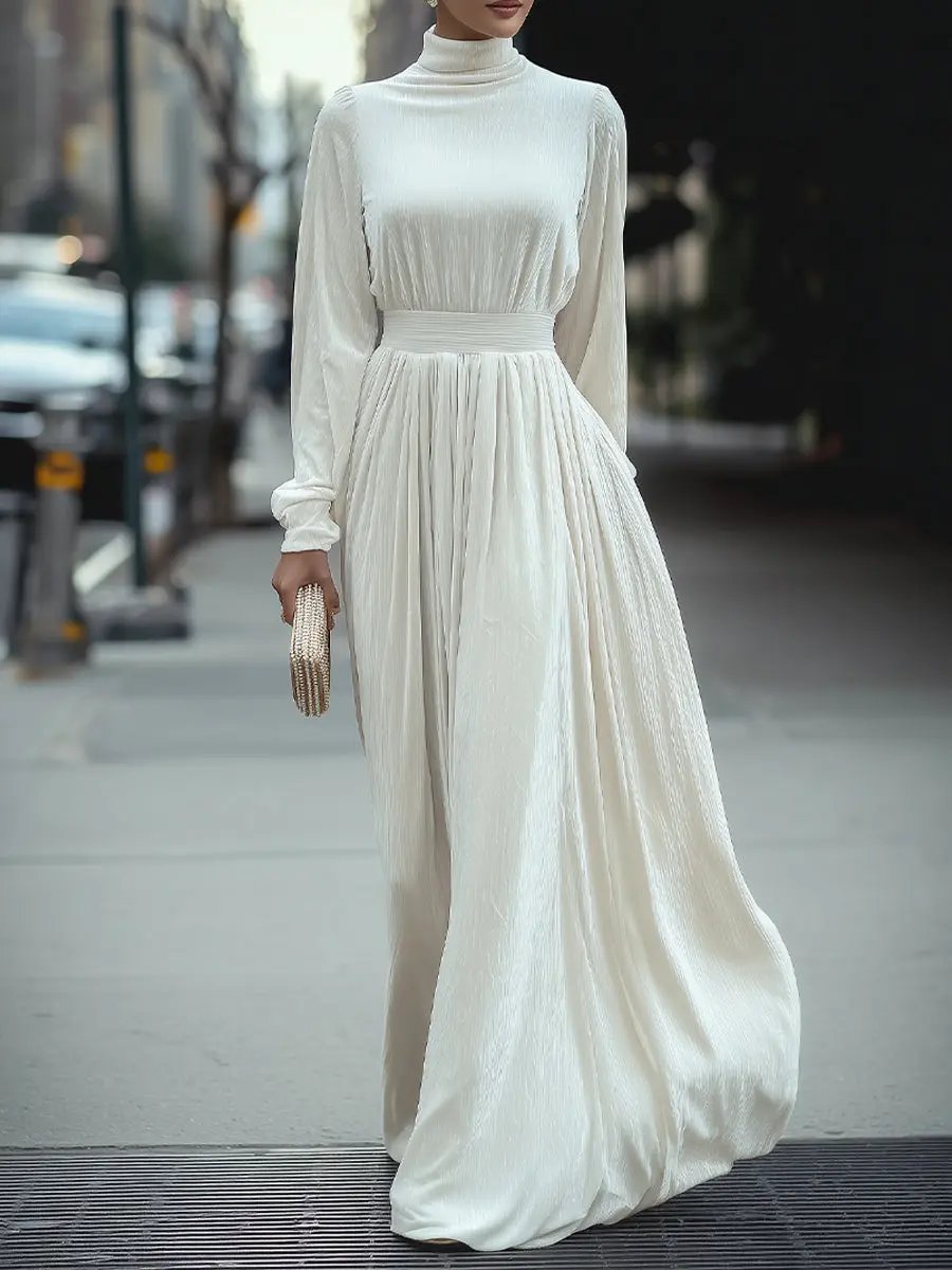 Elegant High-Neck Pleated White - Maxi Dress CAAYWORLD