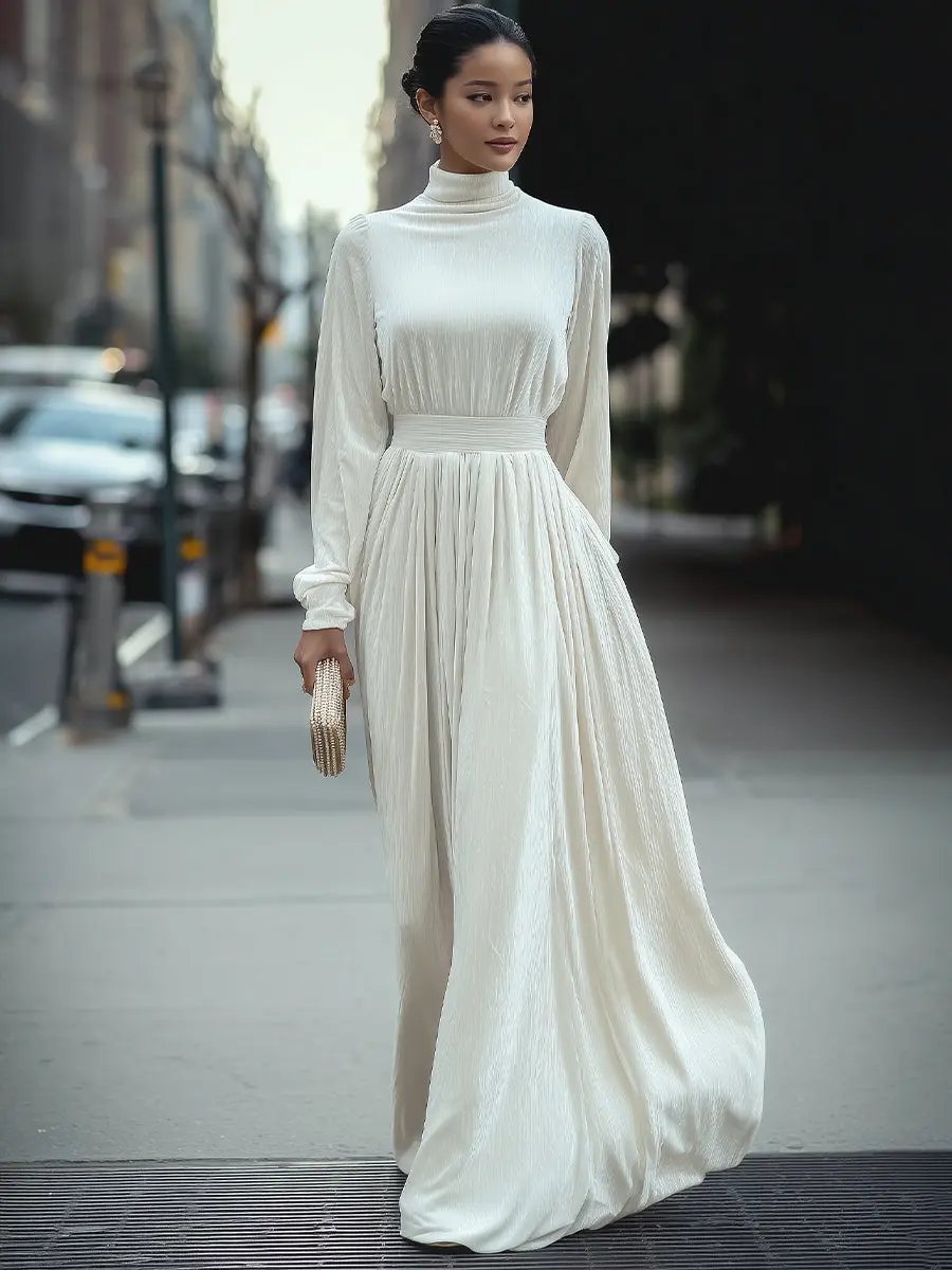 Elegant High-Neck Pleated White - Maxi Dress CAAYWORLD
