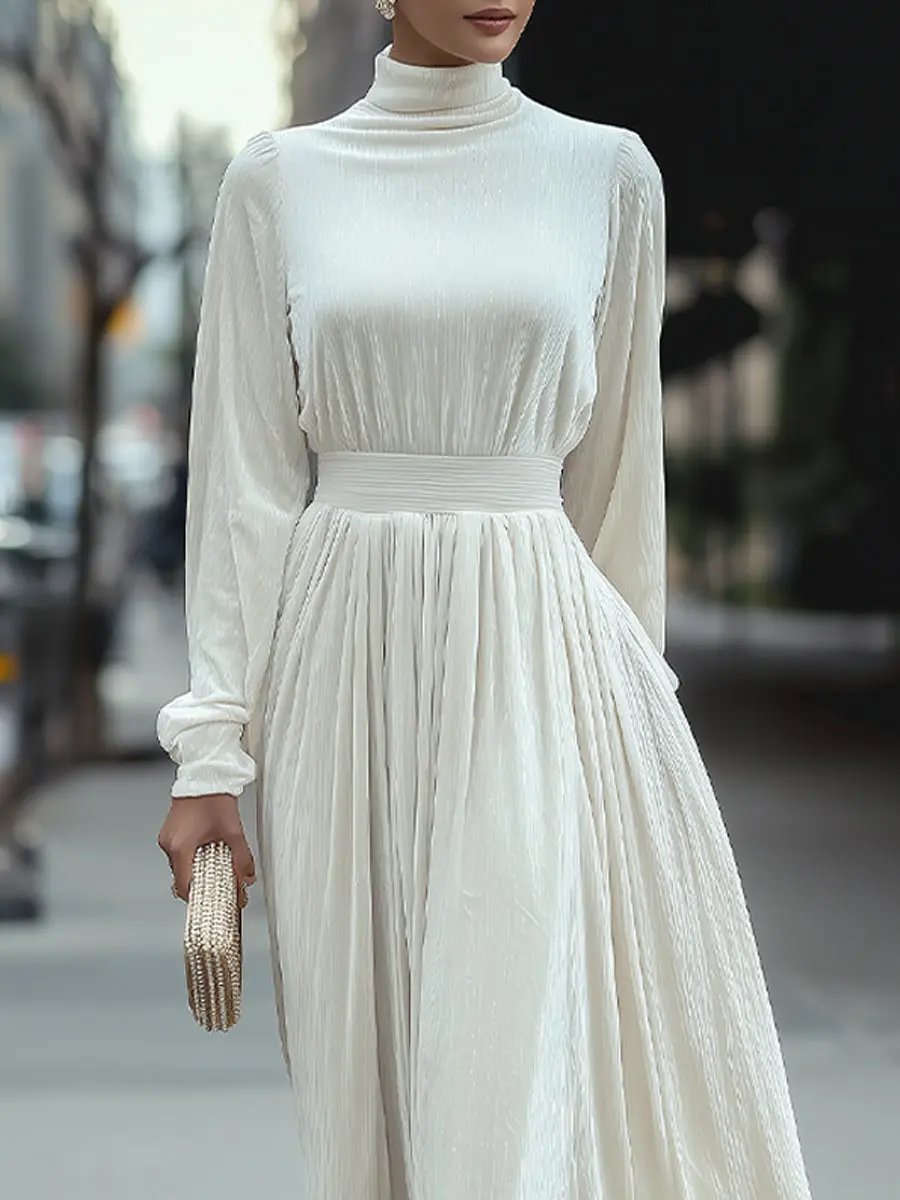 Elegant High-Neck Pleated White - Maxi Dress CAAYWORLD