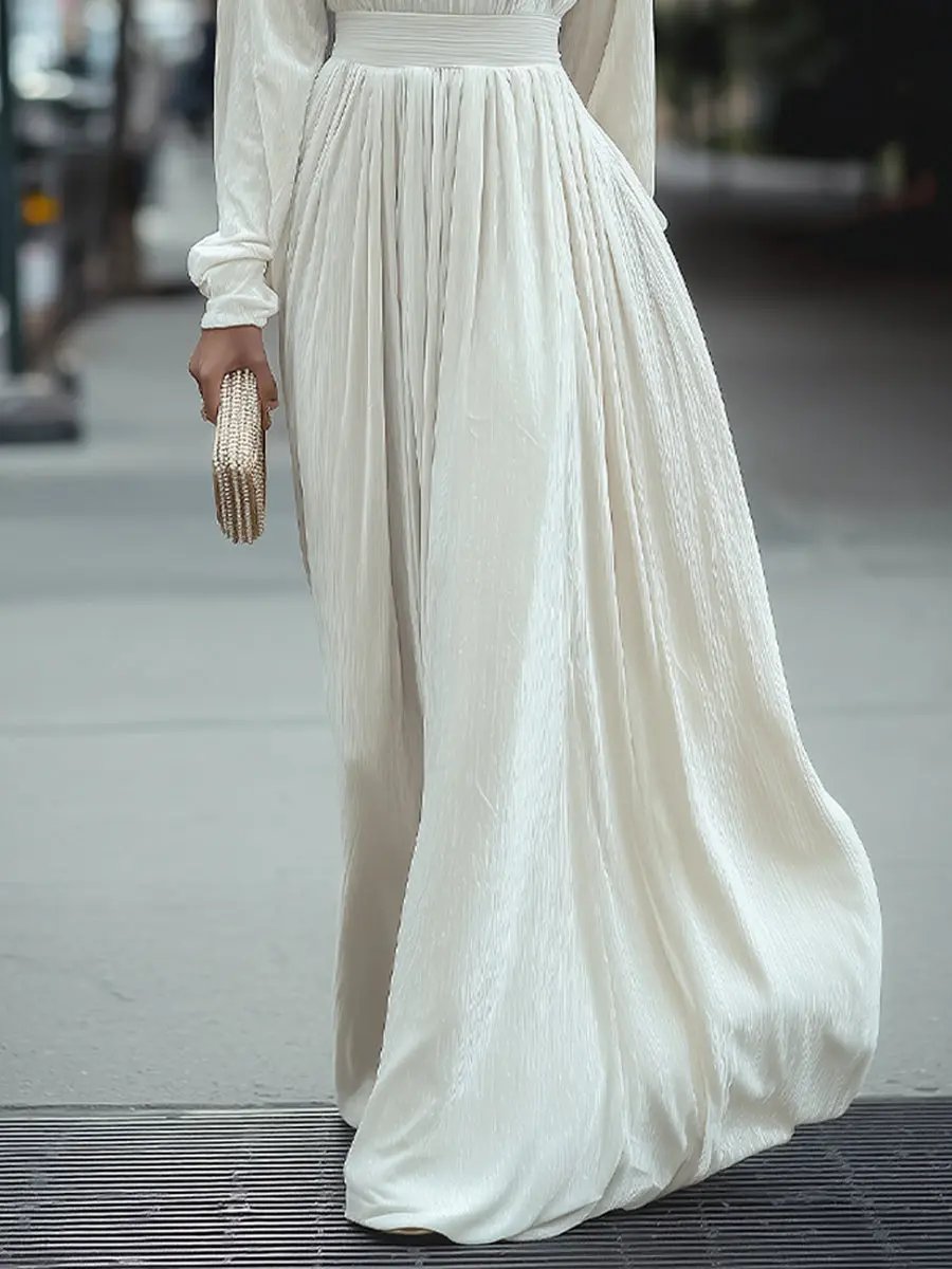 Elegant High-Neck Pleated White - Maxi Dress CAAYWORLD