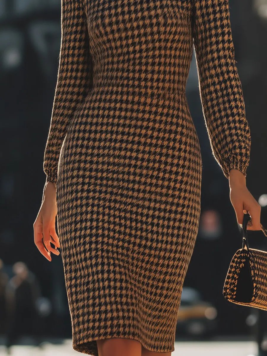 Elegant Houndstooth Mock Neck - Midi Dress CAAYWORLD