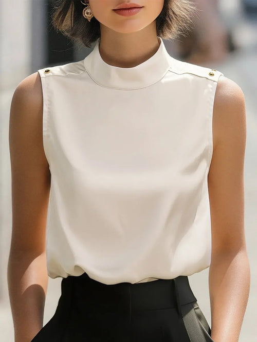 Elegant Ivory Satin High-Neck Sleeveless - Blouse CAAYWORLD