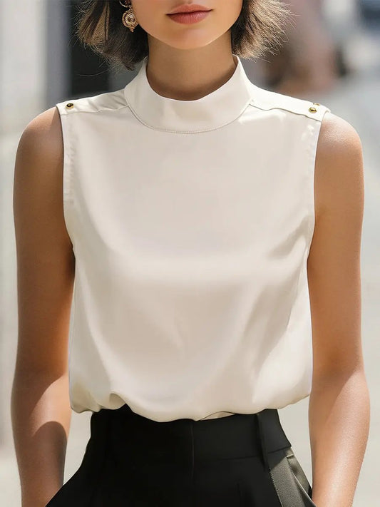 Elegant Ivory Satin High-Neck Sleeveless - Blouse CASA LARO