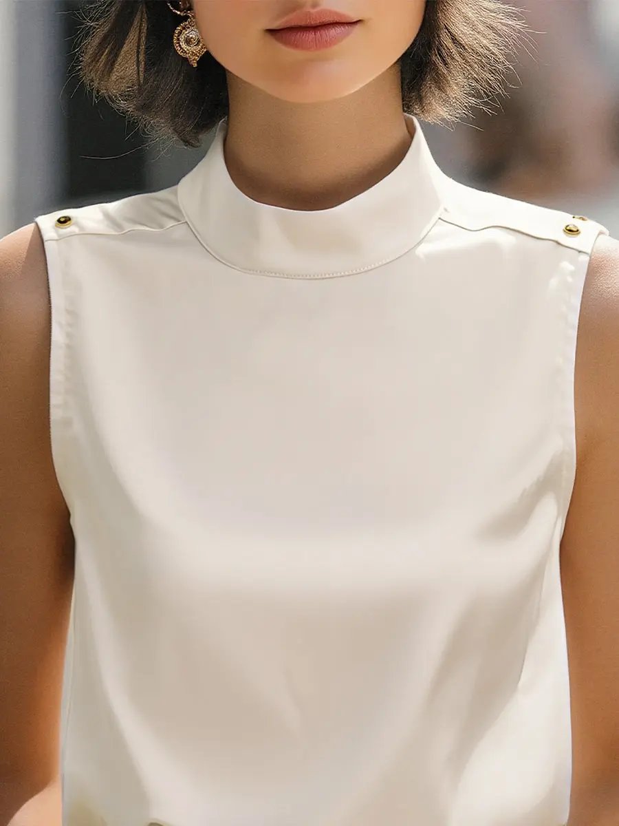 Elegant Ivory Satin High-Neck Sleeveless - Blouse CAAYWORLD