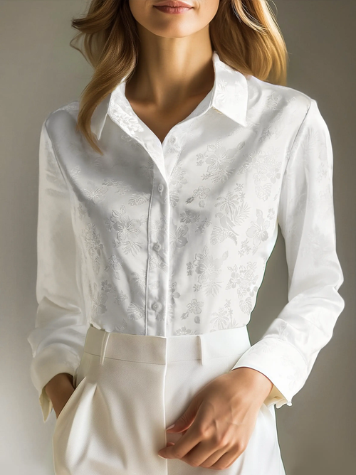 Elegant Ivory Satin Jacquard - Women's Shirt CAAYWORLD