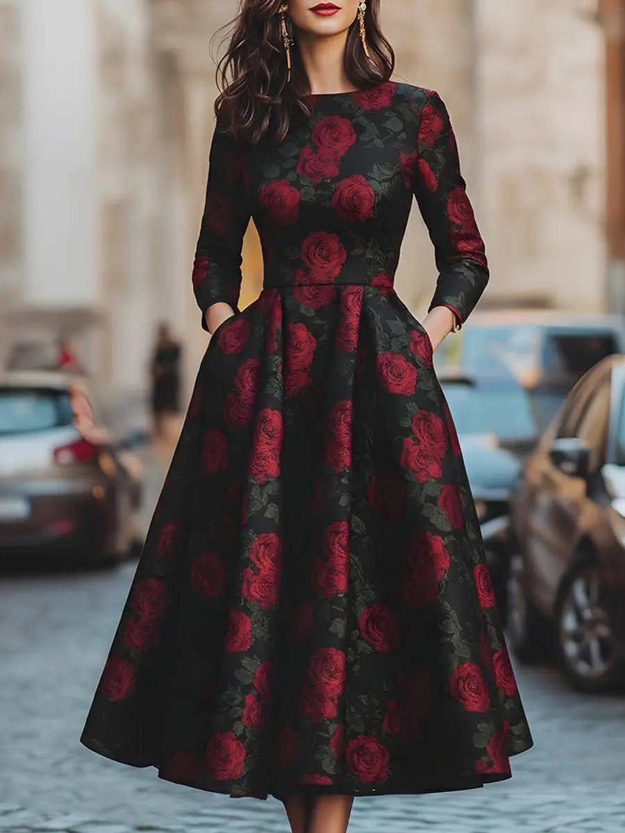 Elegant Jacquard Rose Print A-Line Silhouette - Midi Dress CAAYWORLD