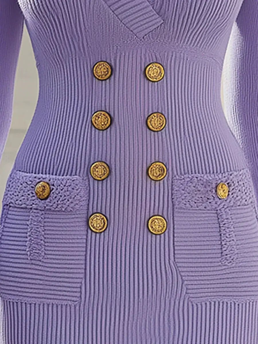 Elegant Lilac Double-Breasted Knit - Midi Dress CAAYWORLD