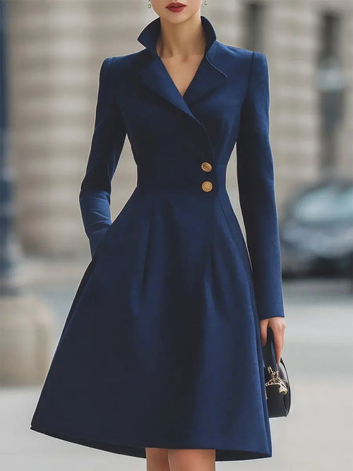 Elegant Navy Blue Tailored-Fit Flared Coat Dress - Midi Dress CAAYWORLD