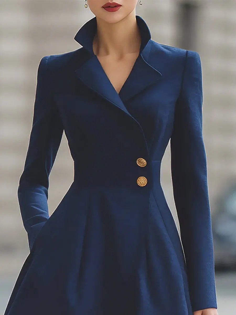 Elegant Navy Blue Tailored-Fit Flared Coat Dress - Midi Dress CAAYWORLD