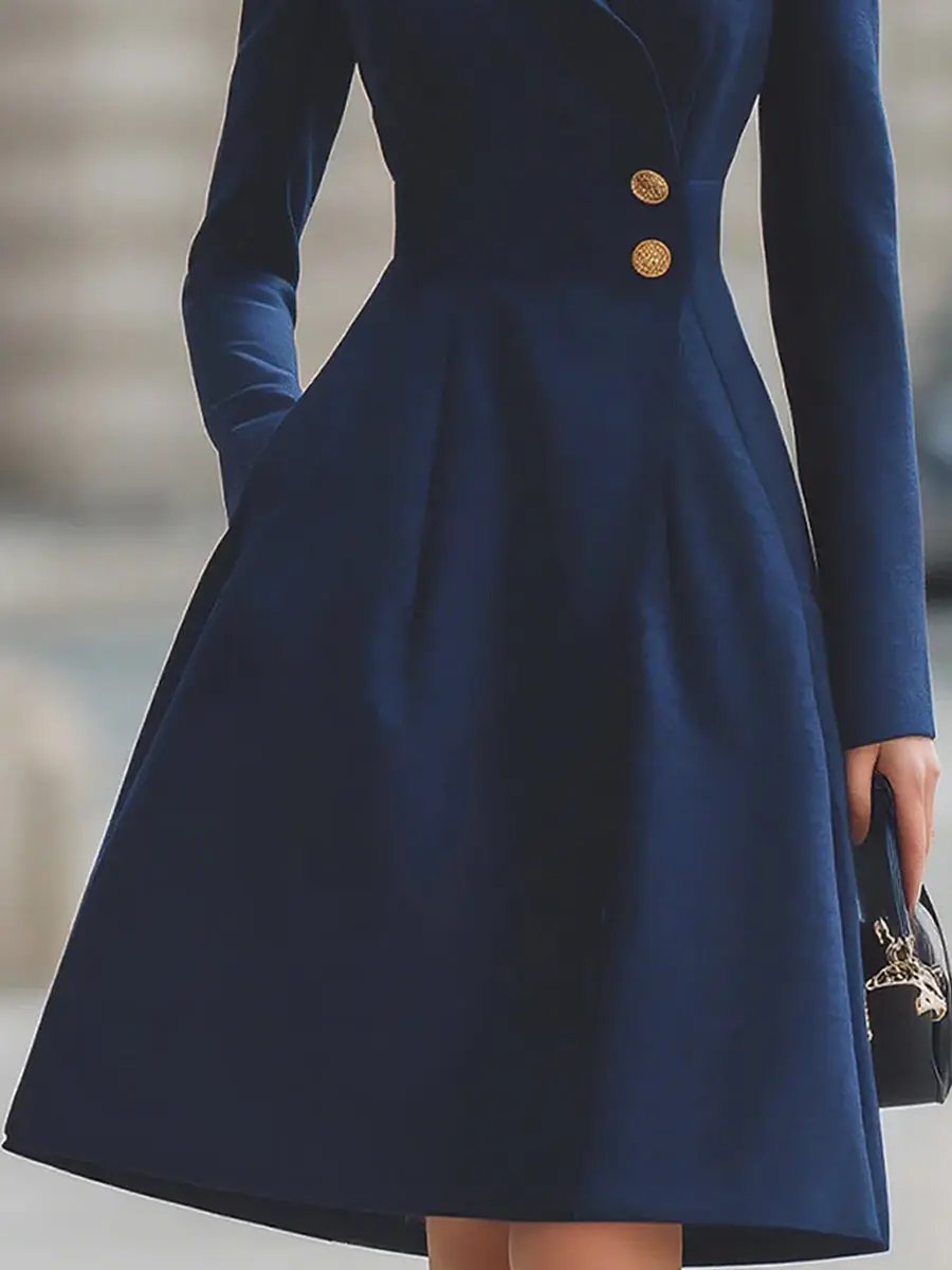 Elegant Navy Blue Tailored-Fit Flared Coat Dress - Midi Dress CAAYWORLD