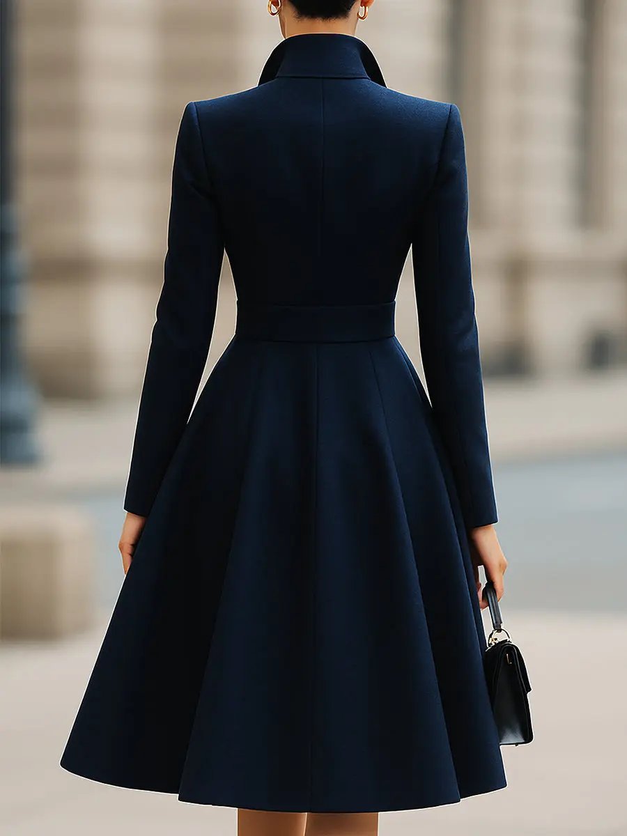 Elegant Navy Blue Tailored-Fit Flared Coat Dress - Midi Dress CAAYWORLD