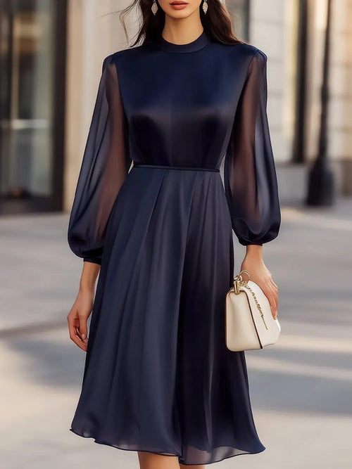 Elegant Navy Chiffon Sheer-Sleeve - Midi Dress CAAYWORLD
