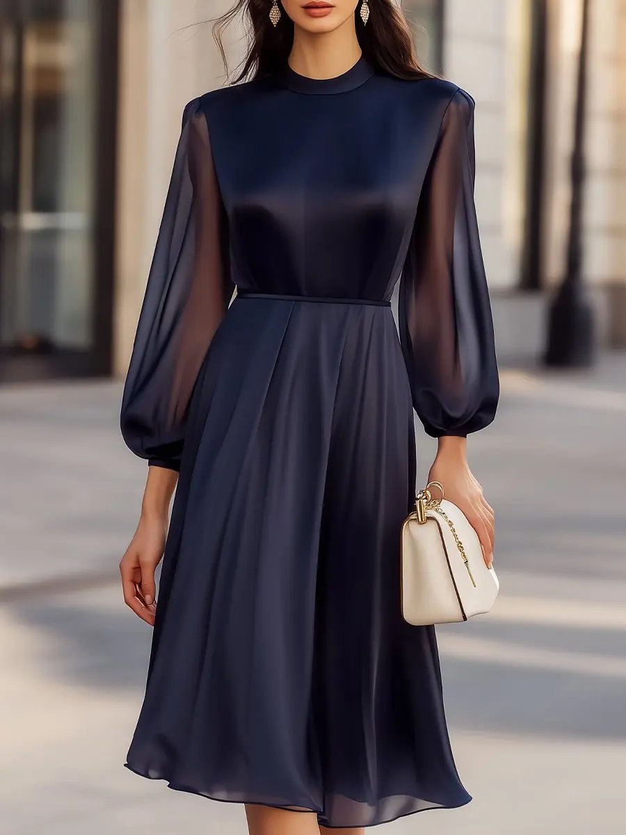 Elegant Navy Chiffon Sheer-Sleeve - Midi Dress CAAYWORLD