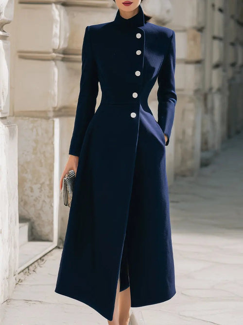 Elegant Navy Stand Collar Longline - Maxi Coat CAAYWORLD