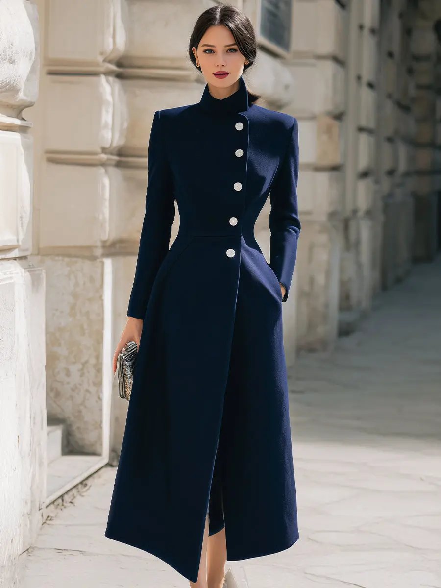 Elegant Navy Stand Collar Longline - Maxi Coat CAAYWORLD