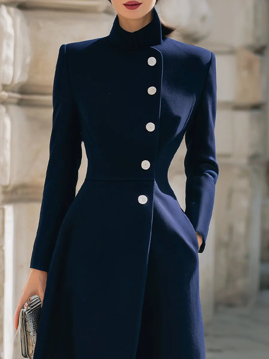 Elegant Navy Stand Collar Longline - Maxi Coat CAAYWORLD