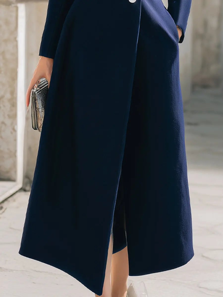 Elegant Navy Stand Collar Longline - Maxi Coat CAAYWORLD