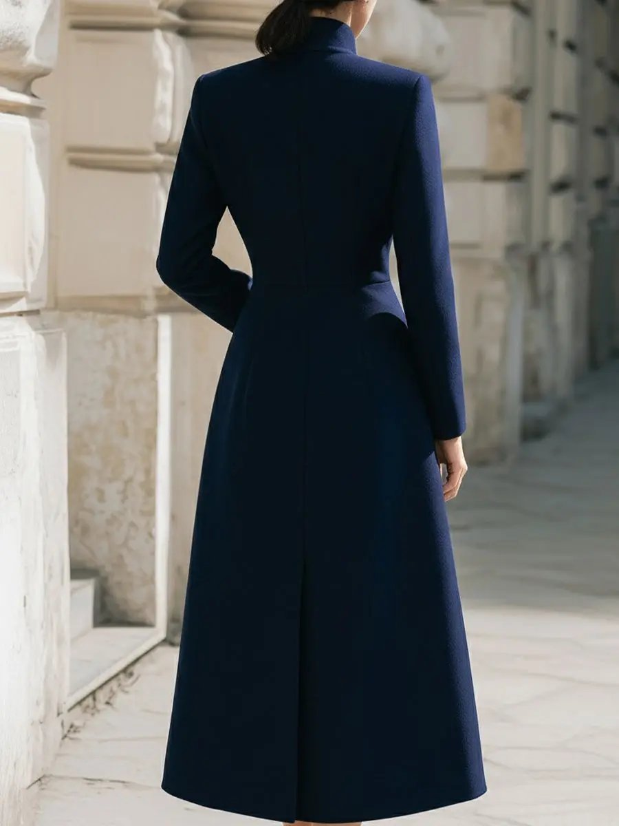 Elegant Navy Stand Collar Longline - Maxi Coat CAAYWORLD