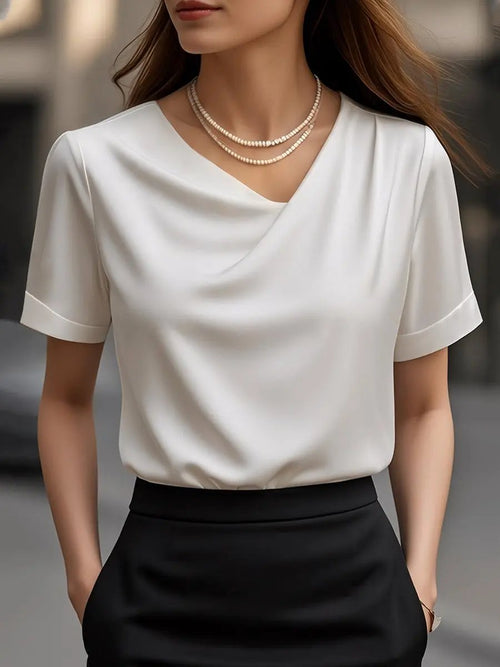 Elegant Plain Draped Neck Short-Sleeve - Blouse CAAYWORLD