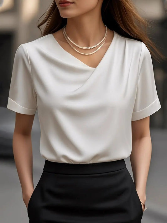 Elegant Plain Draped Neck Short-Sleeve - Blouse CASA LARO