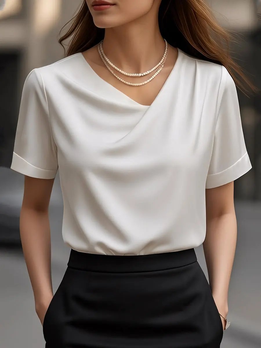 Elegant Plain Draped Neck Short-Sleeve - Blouse CAAYWORLD